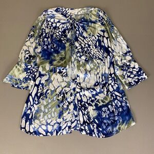 Farinaz Taghavi Tunic Top Blouse‎ Women's 8 Blue Green Abstract Print Tie Neck